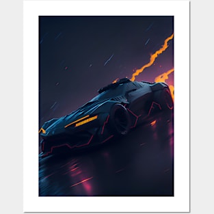 Dark Neon City Sports Car Posters and Art